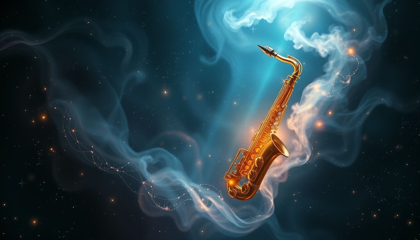 Un saxophone flottant symbolise l'élévation de l'âme libre.