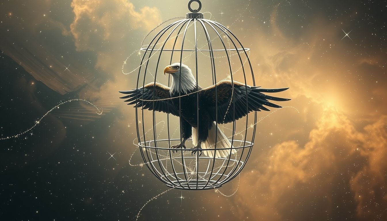 Un aigle en cage symbolise souvent un potentiel bridé et frustré.