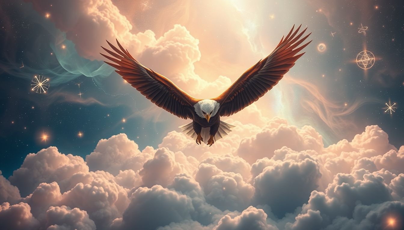 L’aigle en vol symbolise l’élévation spirituelle et la vision claire.