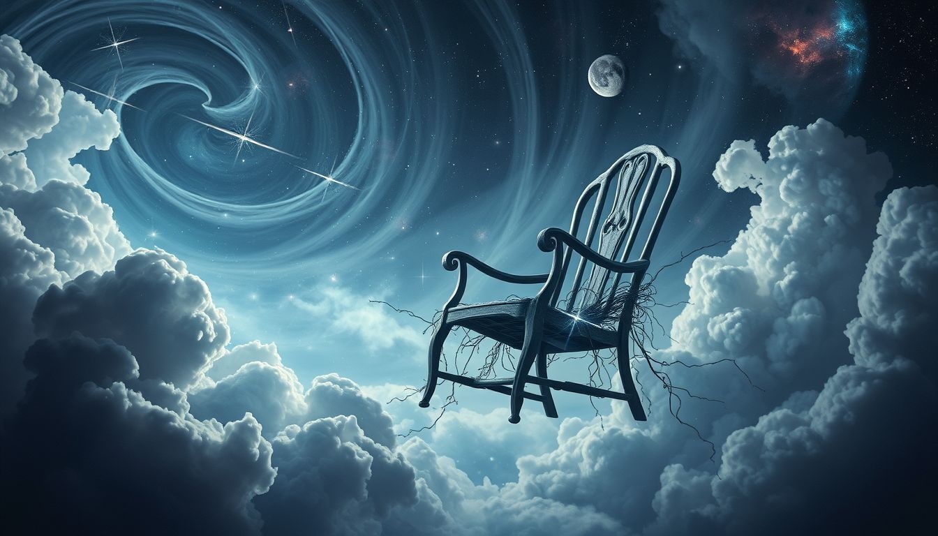 Une chaise de jardin cassée symbolise stress et repos compromis.