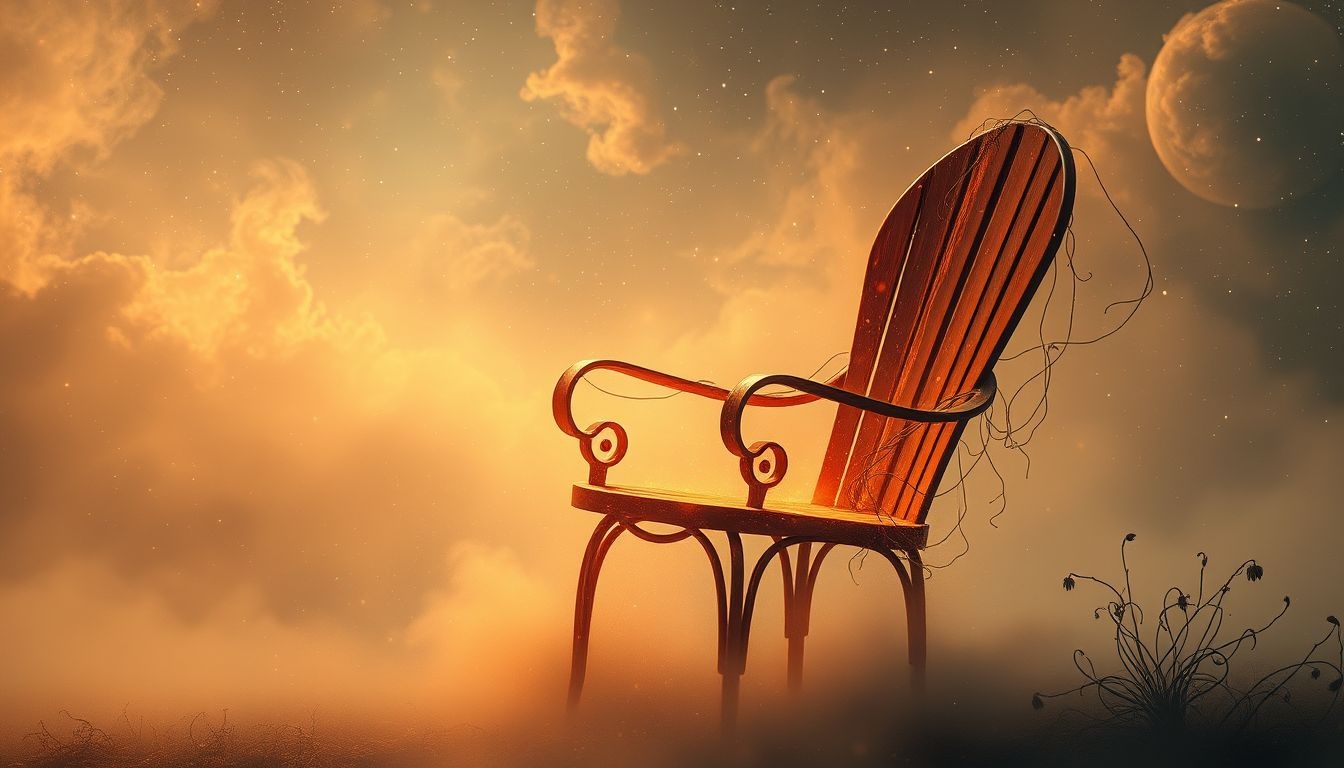 Une chaise de jardin rouillée symbolise souvent une vitalité déclinante.