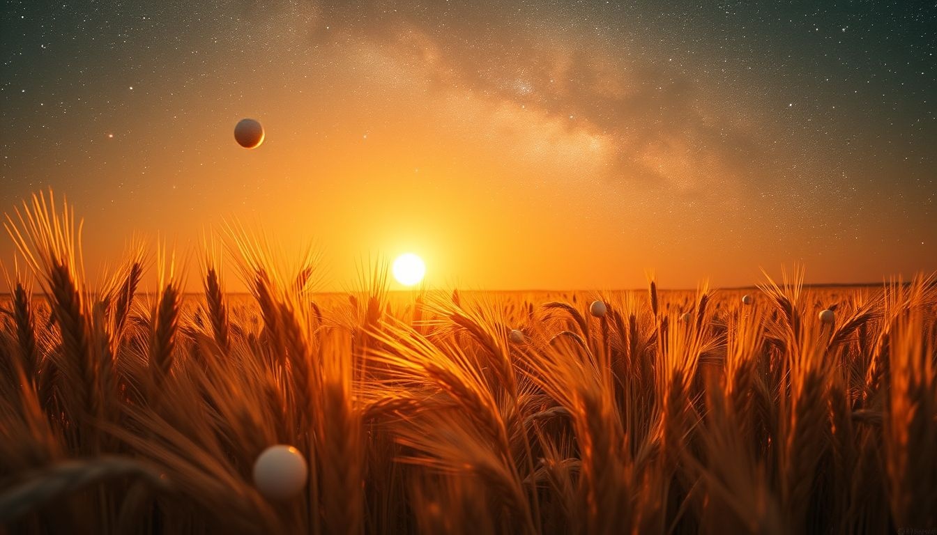 Un champ de seigle au crépuscule symbolise la fin paisible.