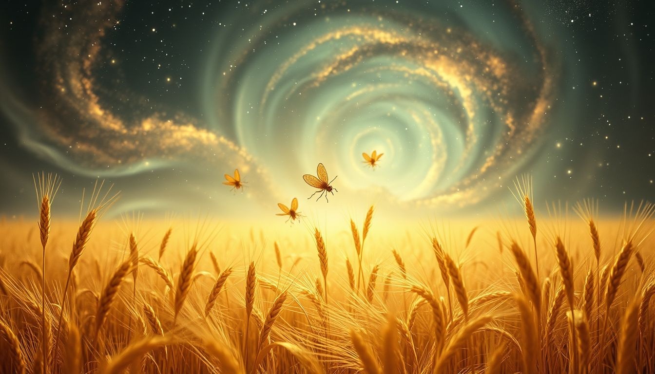 Les insectes dans un champ de seigle symbolisent transformation et vigilance.