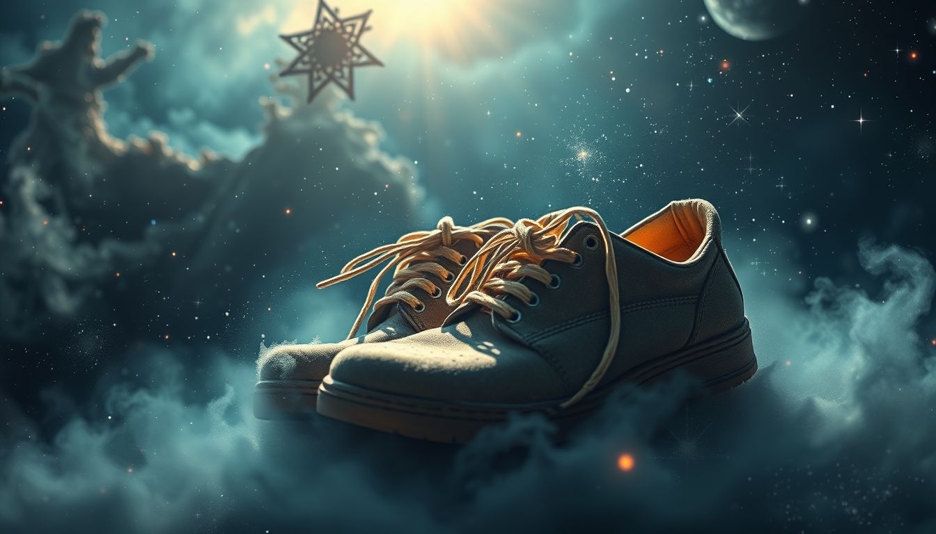 Les chaussures usées symbolisent la fatigue et les épreuves vécues.