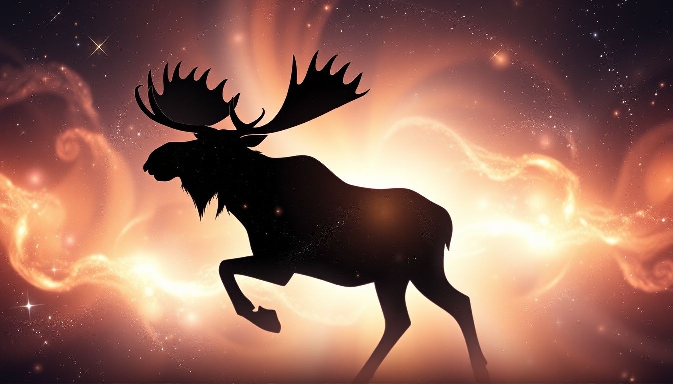 L'élan noir symbolise souvent un mystère profond ou une transformation intérieure.