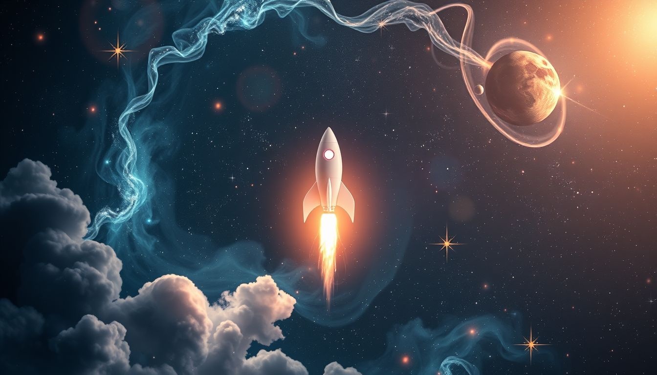 La fusée symbolise l’ascension vers une quête spirituelle profonde.