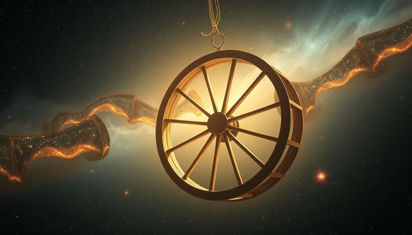 Une roue hydraulique sèche symbolise l'épuisement des ressources internes.