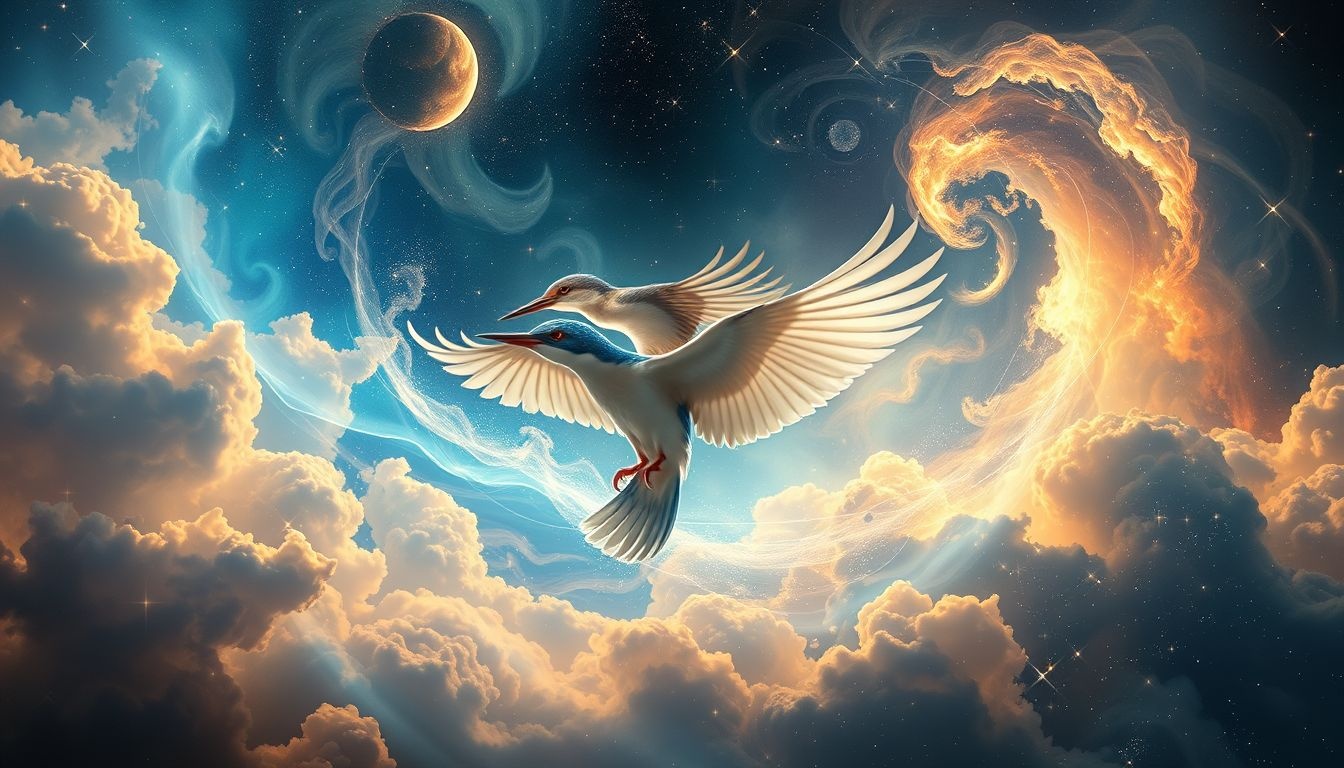 Rêver d’un martin-pêcheur avec un autre oiseau symbolise harmonie contrastée.
