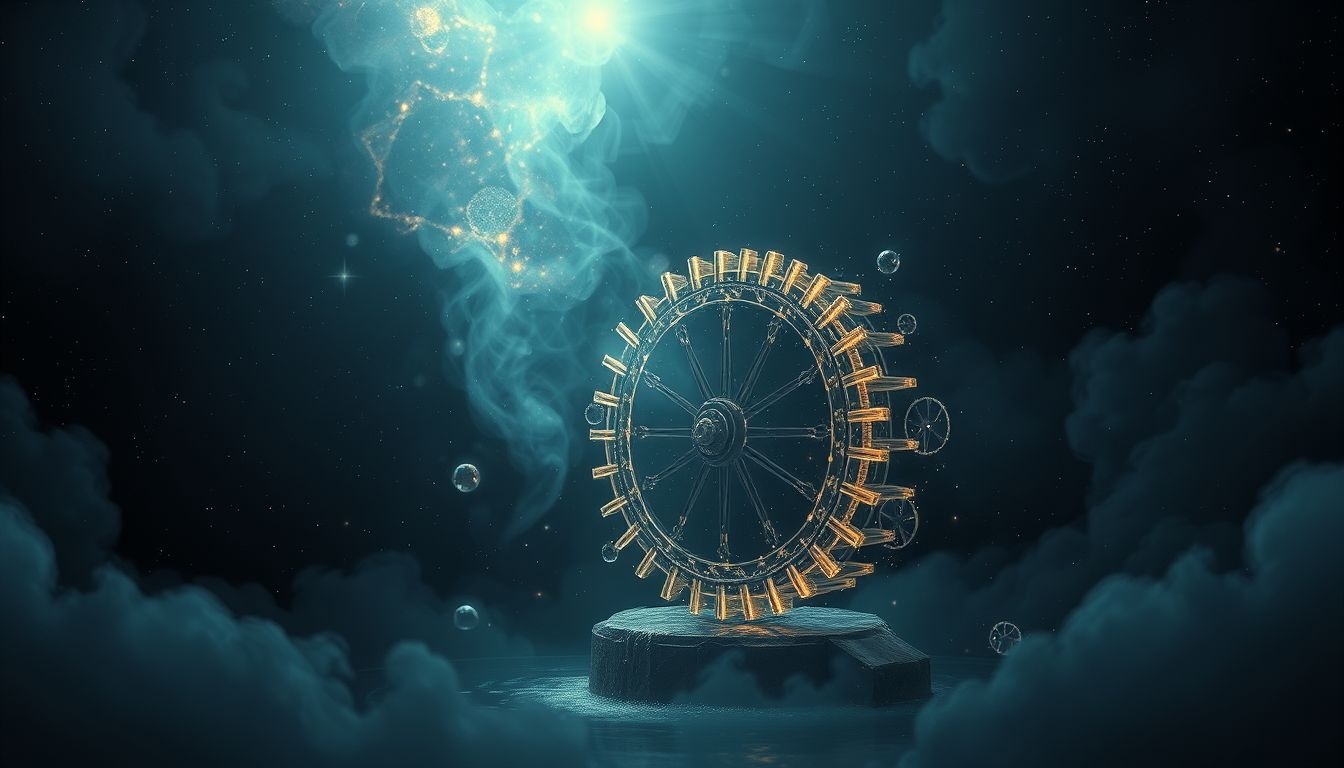 La roue hydraulique symbolise le cycle invisible du subconscient en nuit.