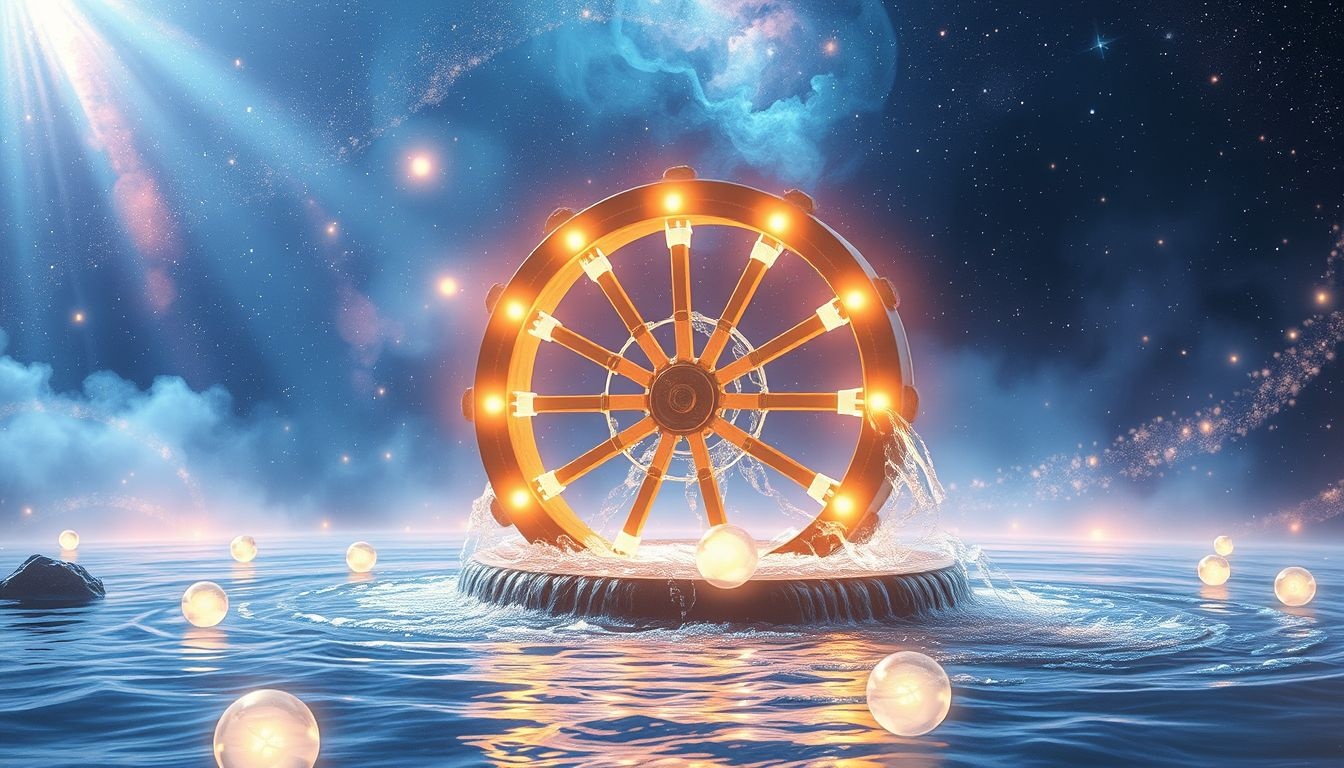 Une roue hydraulique neuve symbolise un renouveau énergétique puissant.