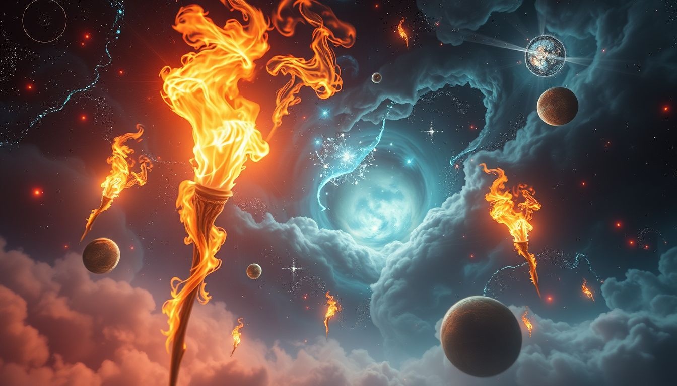 Des flambeaux vacillants symbolisent l'incertitude émotionnelle intérieure.