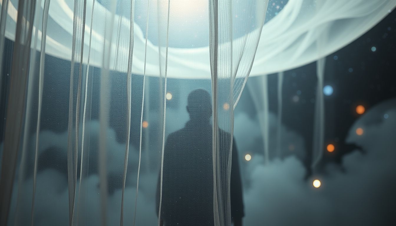 Le rideau de filet symbolise la frontière entre curiosité et voyeurisme.