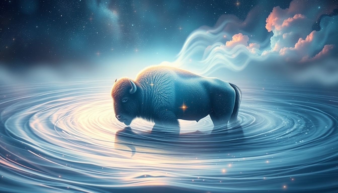 Rêver d’un bison près de l’eau symbolise purification émotionnelle profonde.