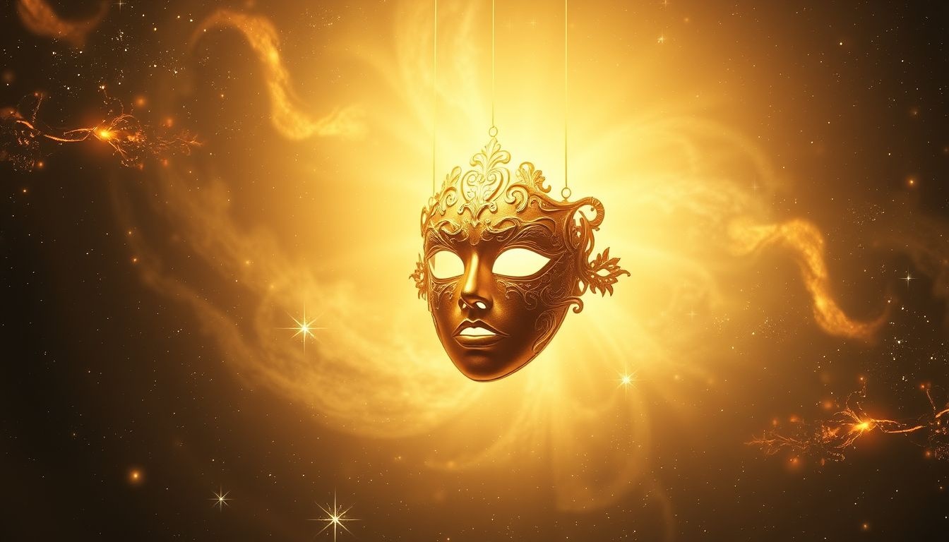 Un masque doré symbolise richesse, pouvoir et mystère intérieur.