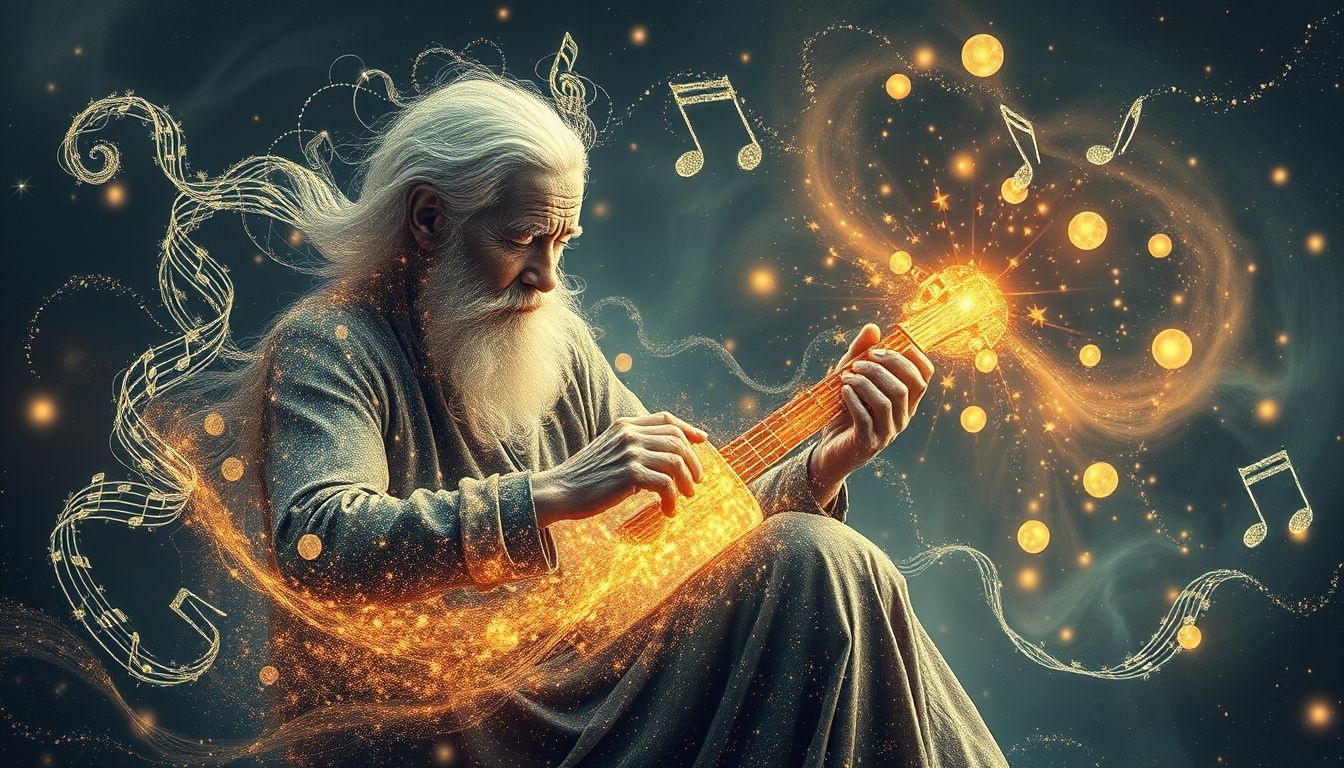 Le vieillard musicien incarne sagesse, émotion et harmonie intérieure.