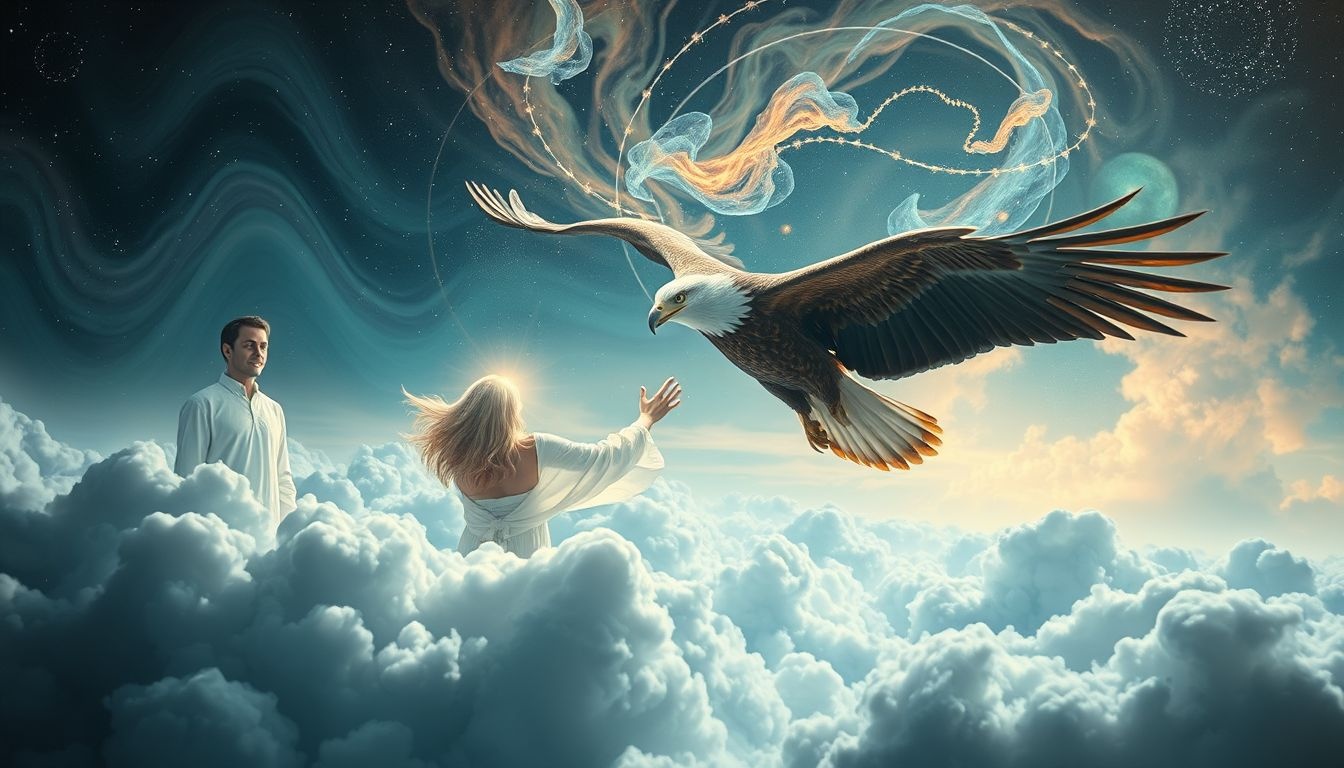 Voler avec un aigle symbolise l'élévation spirituelle et liberté intérieure.