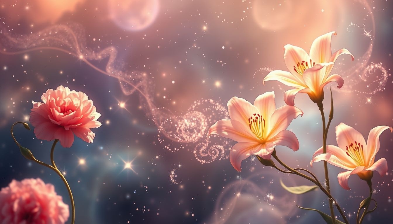 Les œillets symbolisent la pureté, les lys la spiritualité profonde.