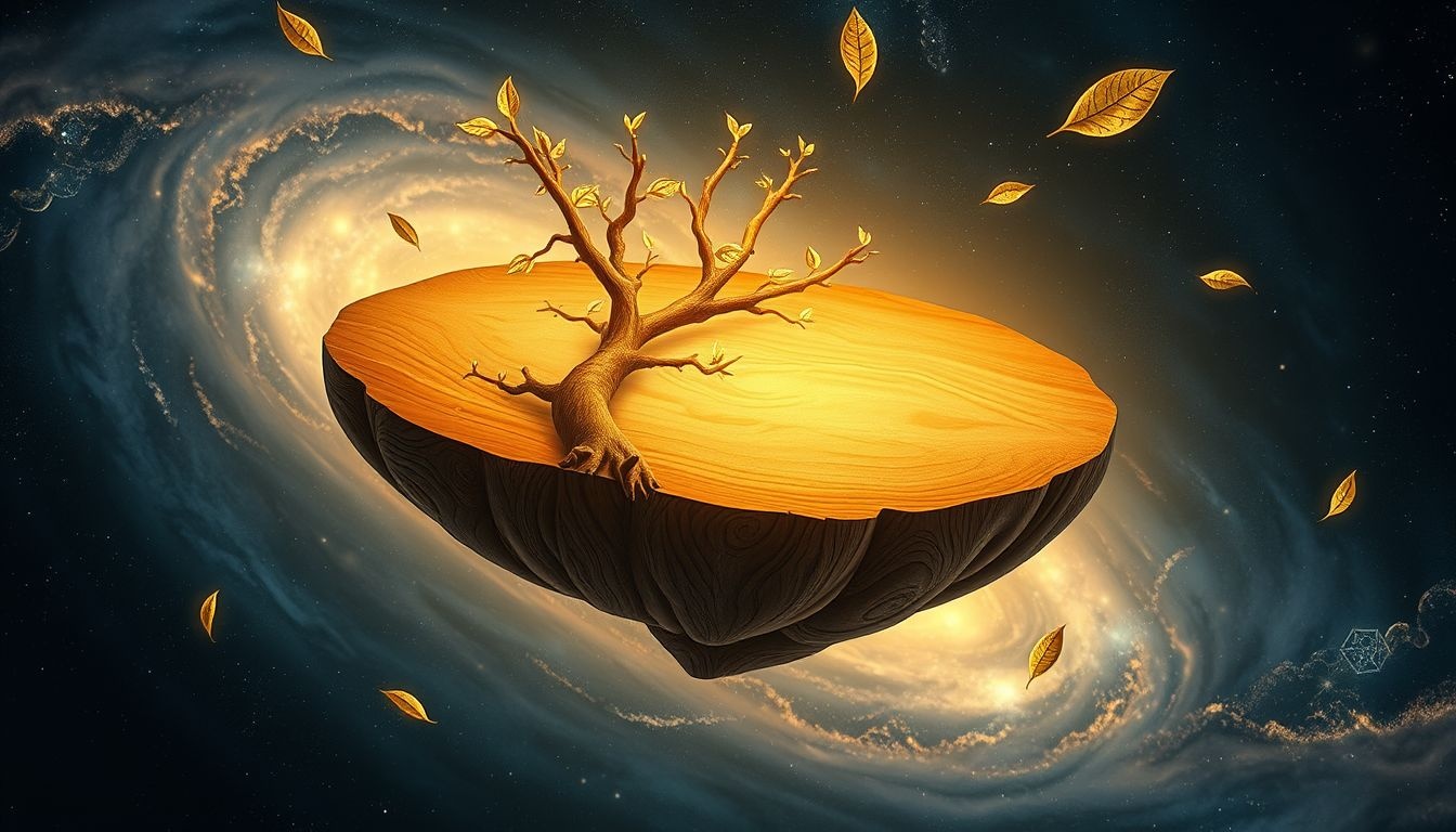 Le plateau en bois symbolise souvent la stabilité et l'évolution naturelle.