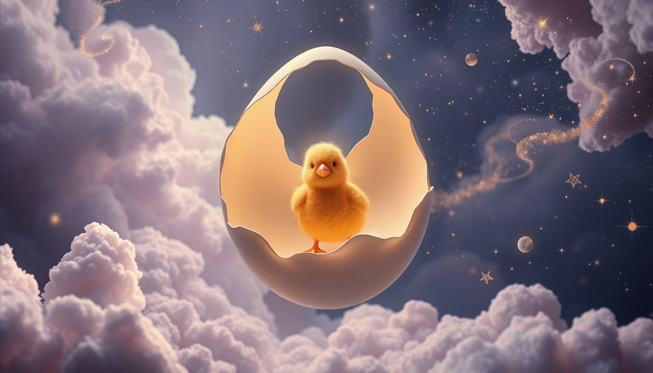 Le poussin en coquille symbolise un potentiel encore en incubation.