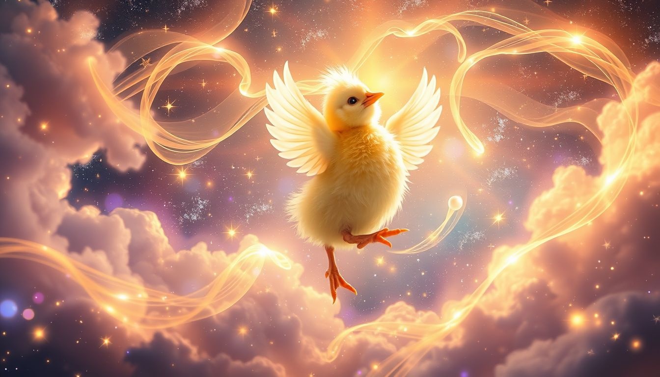 Le poussin qui danse symbolise la liberté joyeuse et l’expression personnelle.