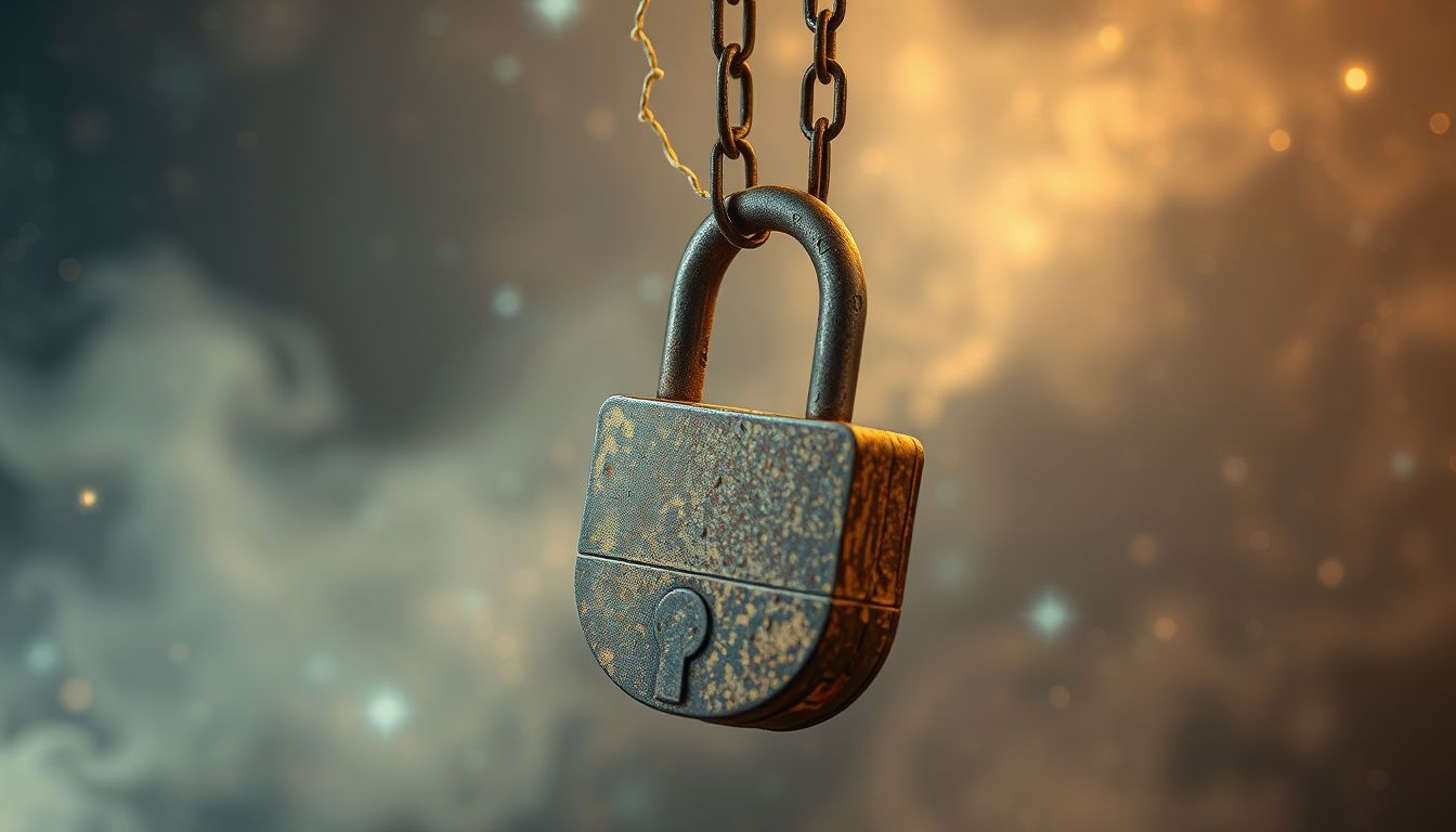 Un cadenas rouillé révèle une blessure émotionnelle difficile à ouvrir.