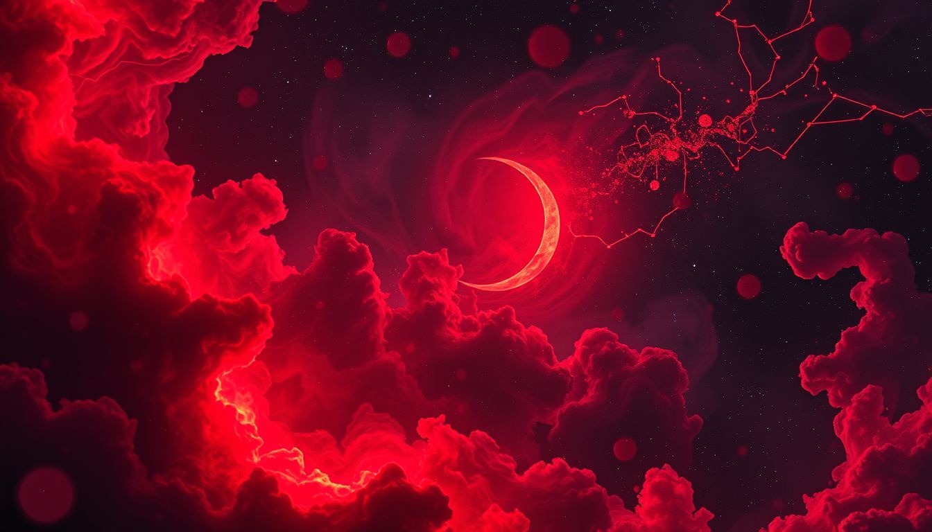 Un clair de lune rouge évoque passion intense et avertissement imminent.