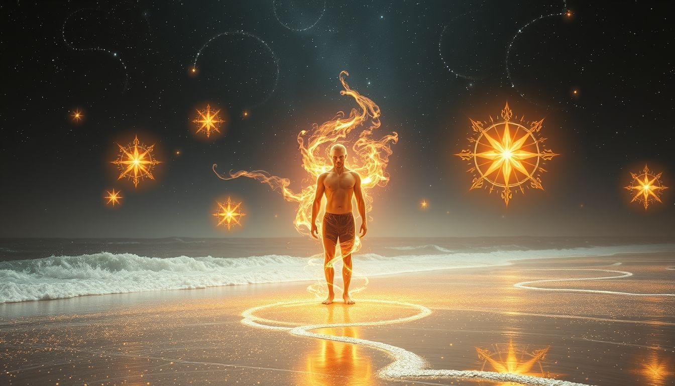 Rêver d’un homme brûlant sur plage symbolise transformation et renouveau émotionnel.