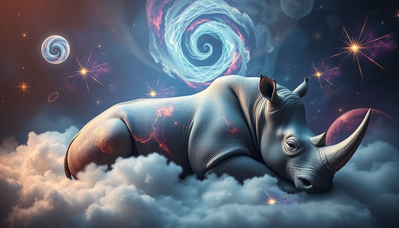 Rêver d’un rhinocéros dormant symbolise repos et renouveau intérieur.