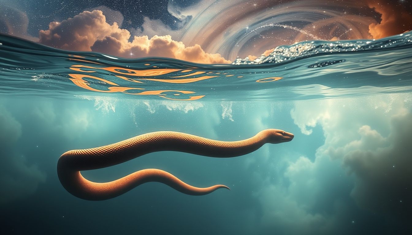 Le serpent brun dans l'eau symbolise l'inconscient et l'intuition cachée.