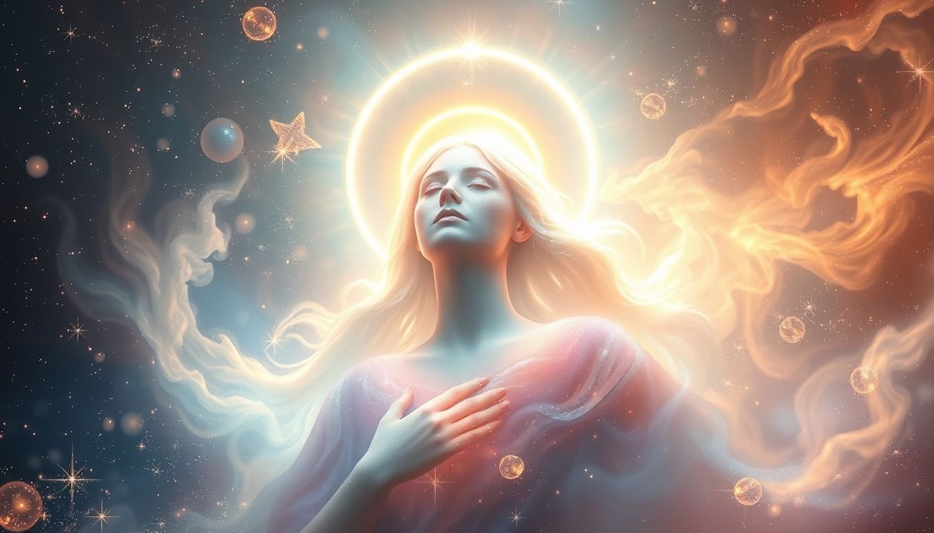 Rêver d’auréole irisée symbolise lumière divine et sagesse intérieure.