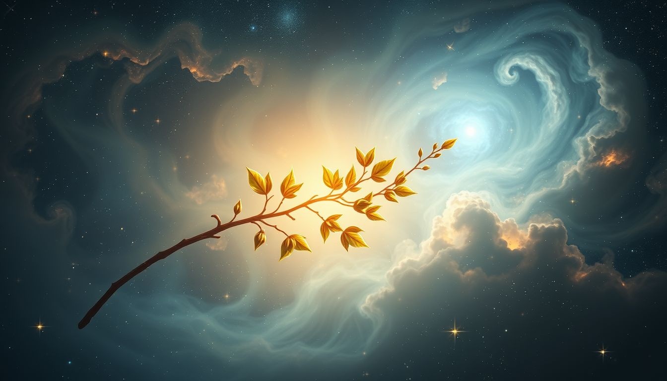 La branche de noisetier symbolise souvent sagesse et protection spirituelle.