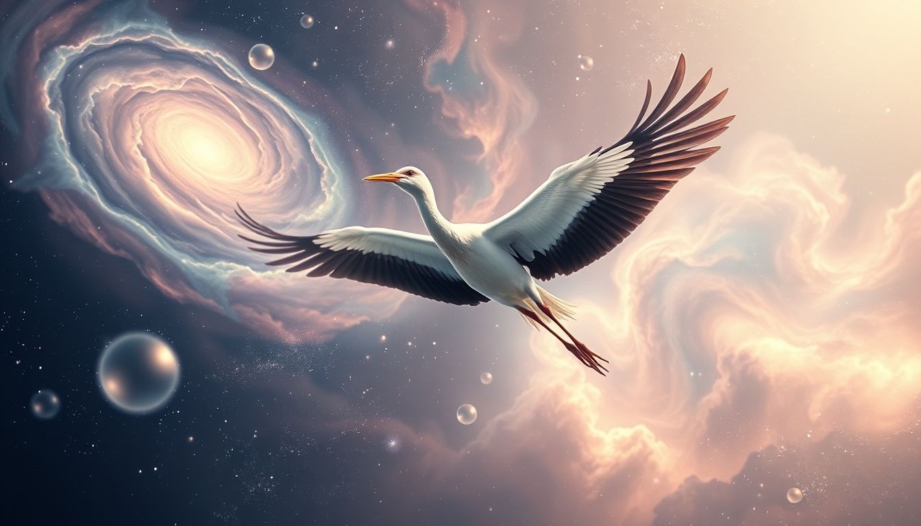 Rêver d'une cigogne en vol symbolise souvent la naissance ou renouveau.