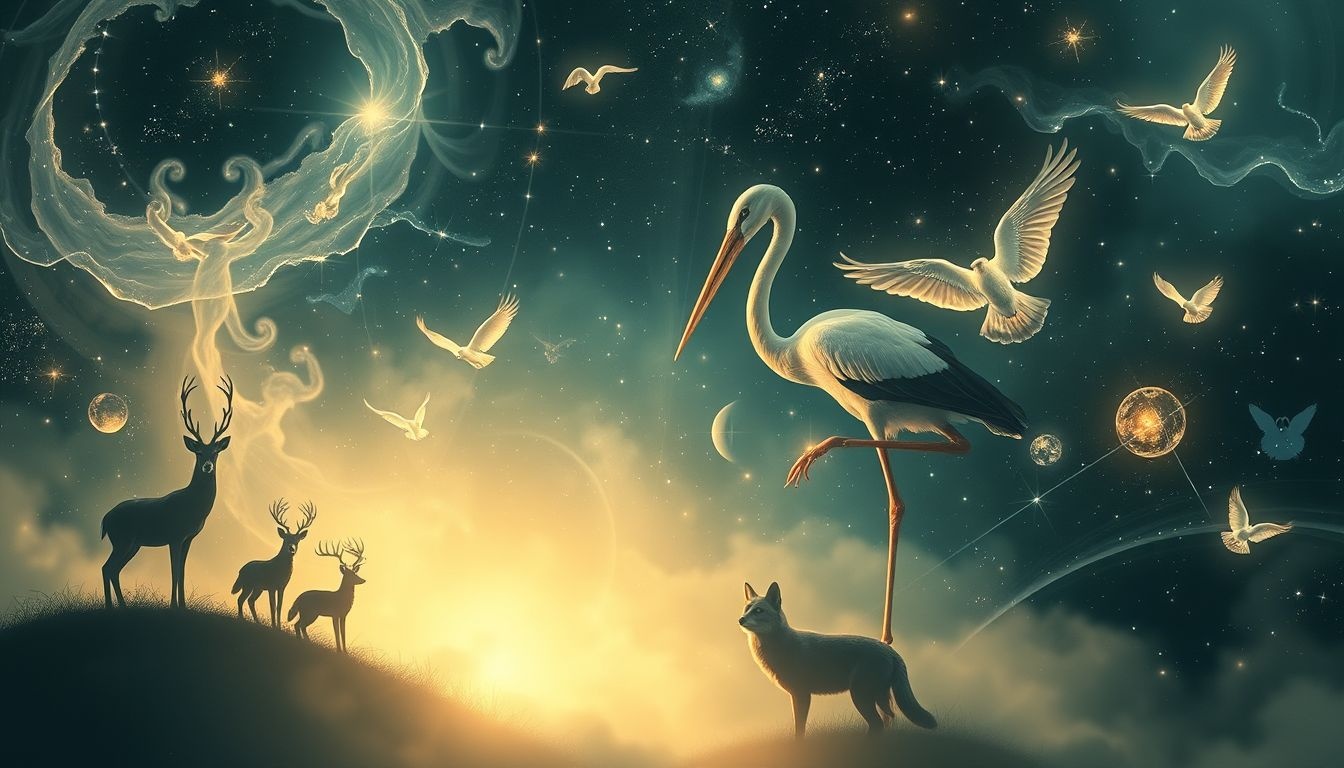 La cigogne symbolise souvent renouveau en présence d'autres animaux.