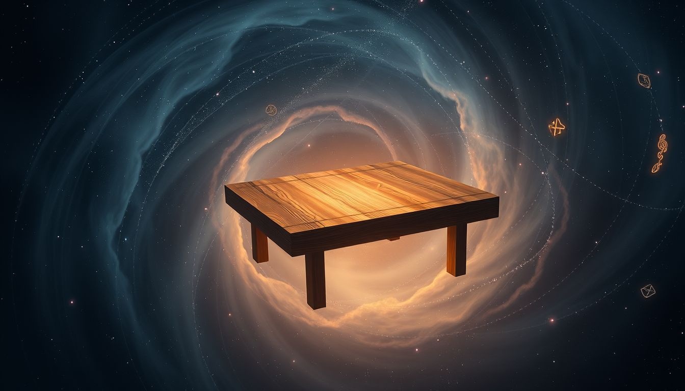 La table en bois symbolise la tradition et la stabilité familiale.