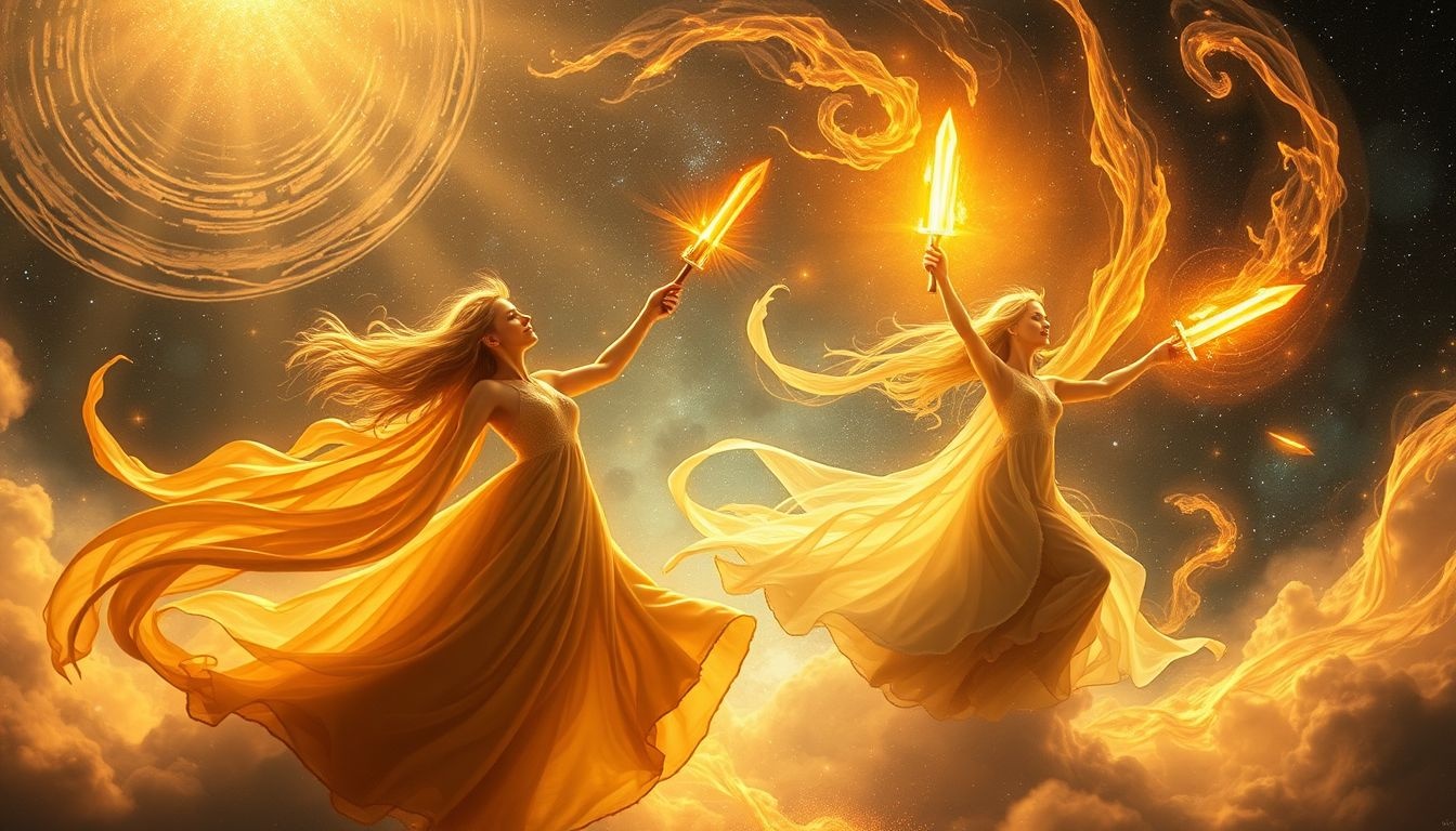 Danser avec des armes au soleil symbolise force et triomphe intense.
