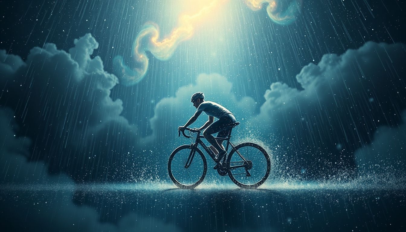 Rêver de vélo sous la pluie symbolise épreuves et purification intérieure.