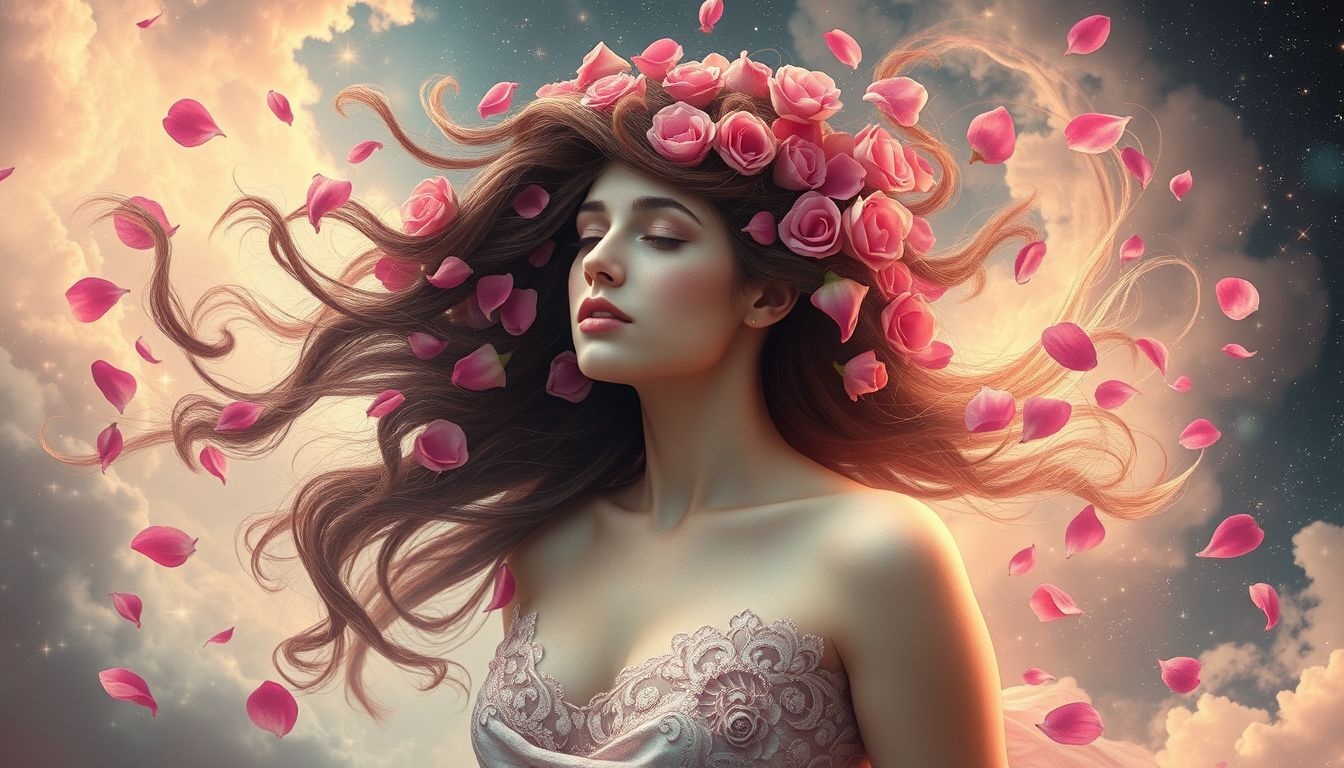 Rêver de pétales dans les cheveux symbolise séduction et charme naturel.