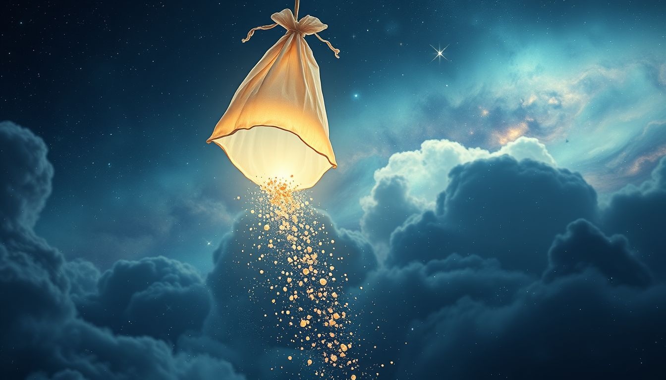 Un sac de farine percé symbolise pertes et fragilité financière.