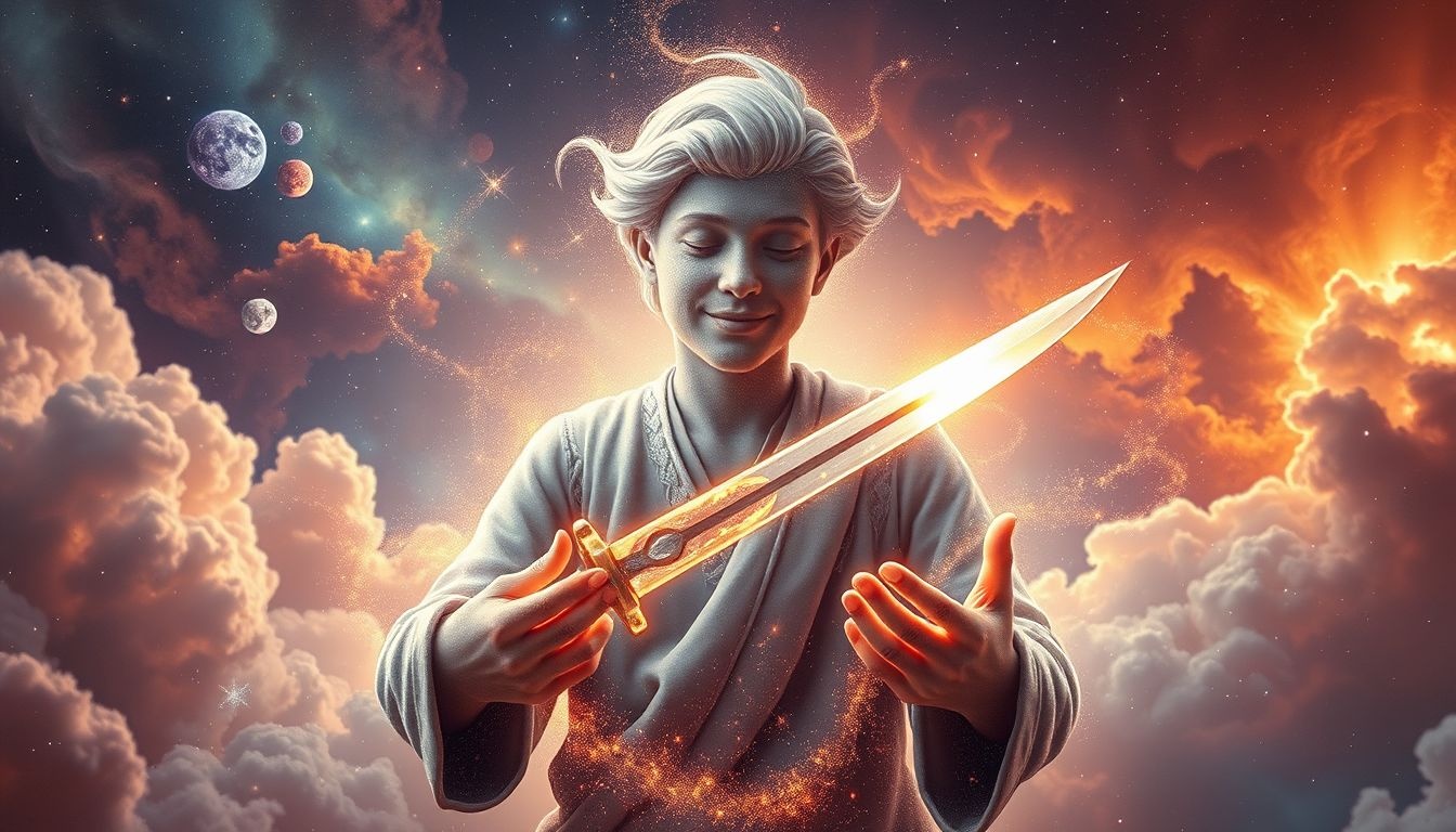 Un coutelier souriant symbolise souvent la maîtrise et l'harmonie intérieure.
