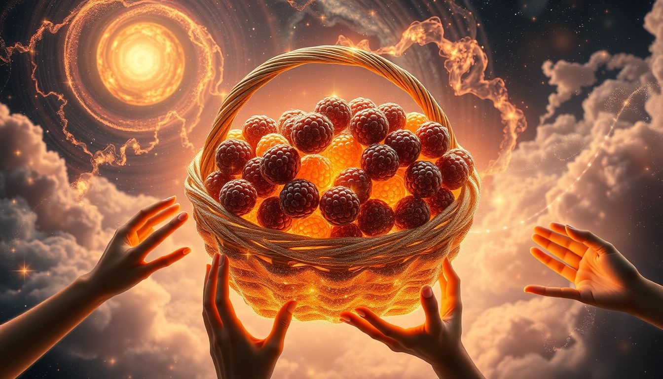 Un panier de mûres symbolise l'abondance partagée et la solidarité.