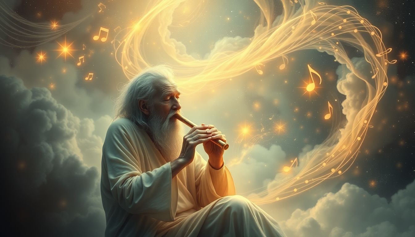 Un vieillard jouant de la flûte symbolise la sagesse retrouvée.