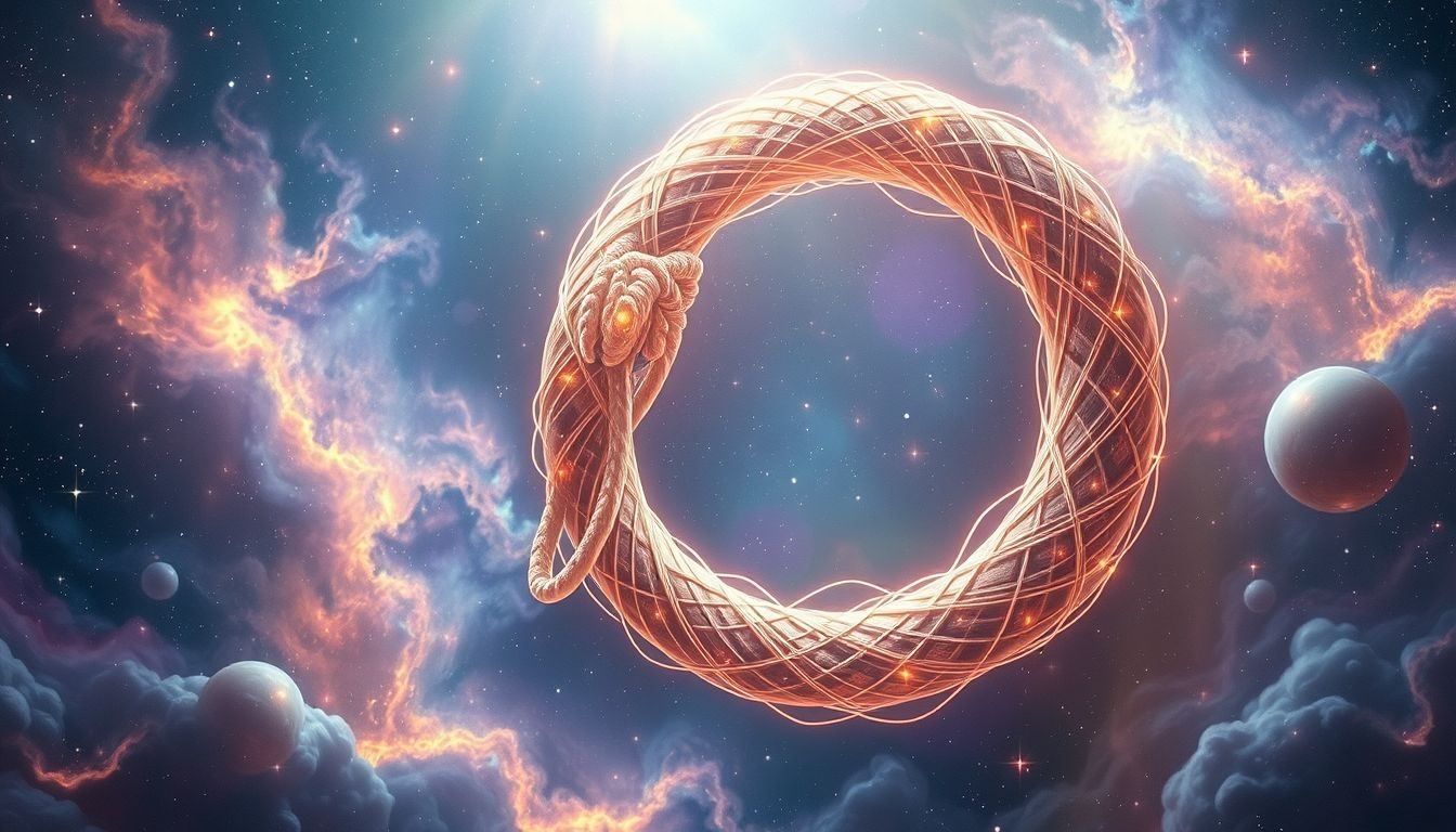 L'ouroboros symbolise l'interdépendance cyclique des relations humaines.