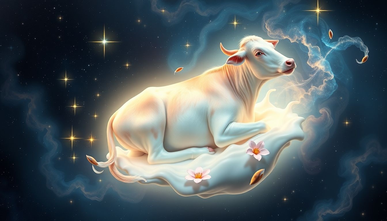 La vache à lait symbolise abondance et soins maternels nourriciers.