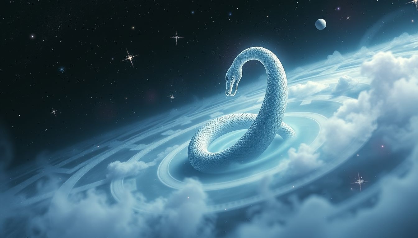 L’ouroboros dans un labyrinthe symbolise quête intérieure et confusion profonde.