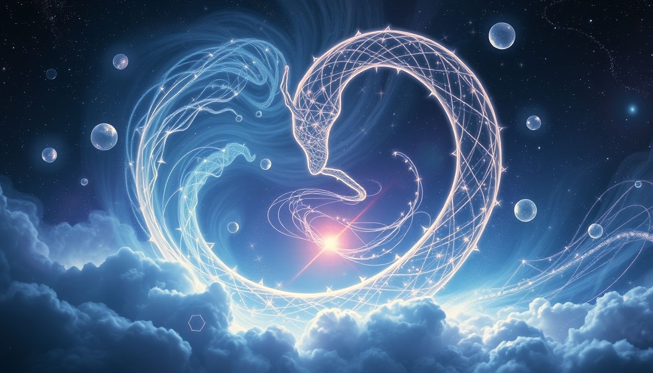 L'ouroboros silencieux symbolise l'introspection profonde et l'écoute intérieure.