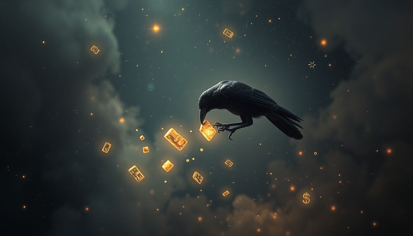 Rêver d’un corbeau picorant symbolise l’opportunisme et la survie.