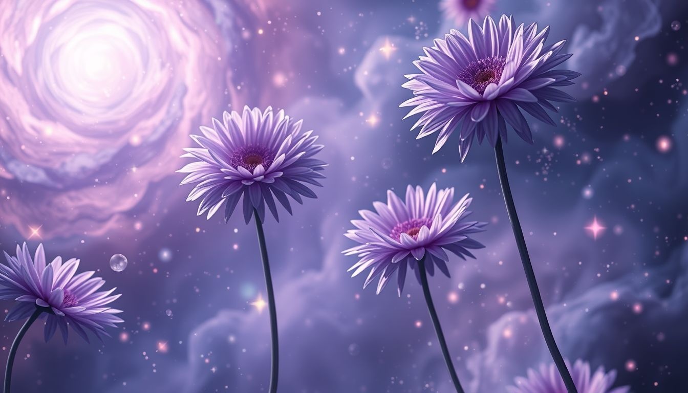 Les chrysanthèmes violets symbolisent la transformation spirituelle et l’énigme.