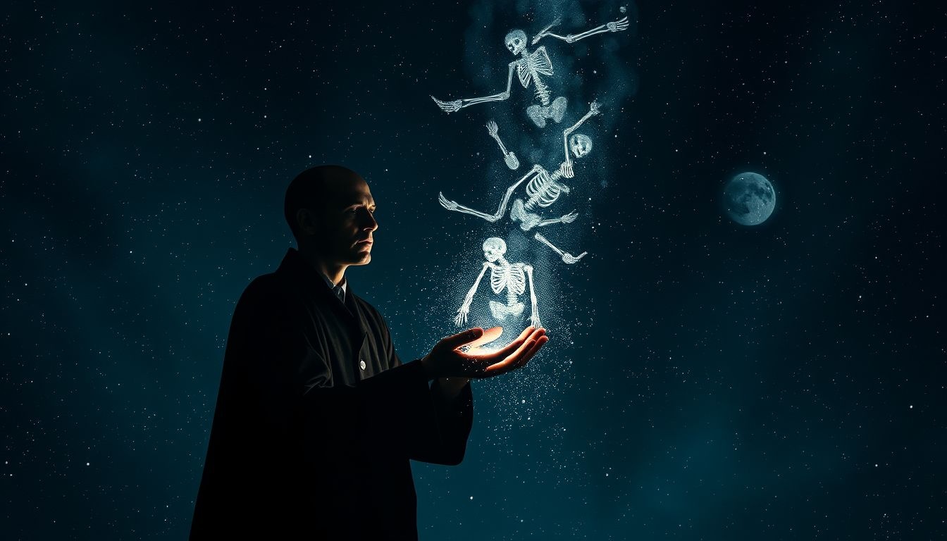 Le prestidigitateur squelettique symbolise l’acceptation mystique de la mort.