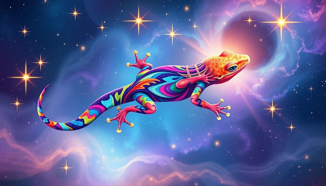 Le gecko coloré symbolise l'expression vibrante de la créativité.