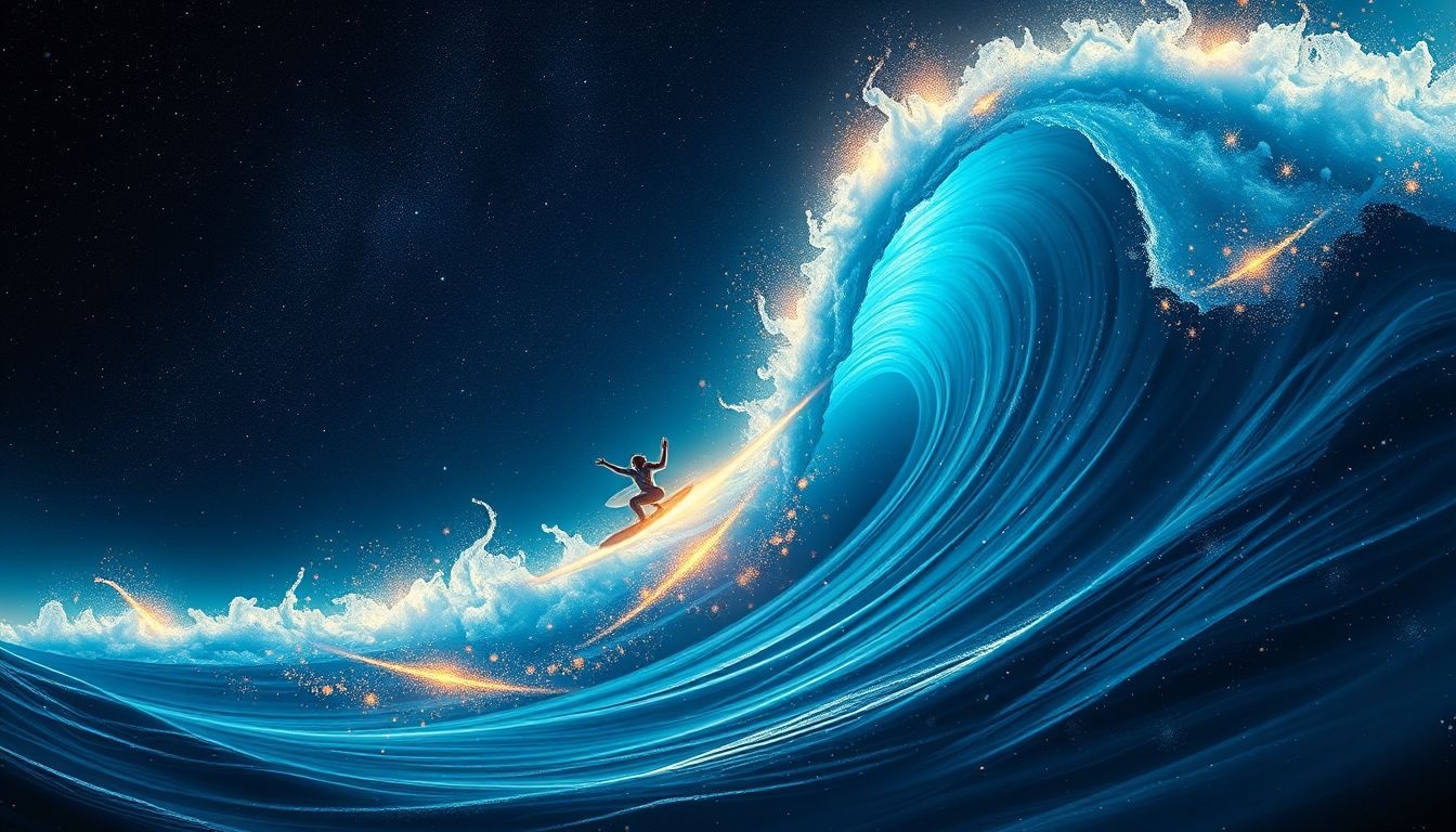 Surfer une marée haute symbolise contrôle émotionnel et réussite assurée.